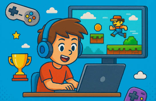 Un enfant au casque devant son ordinateur, pendant un stage de création de jeux