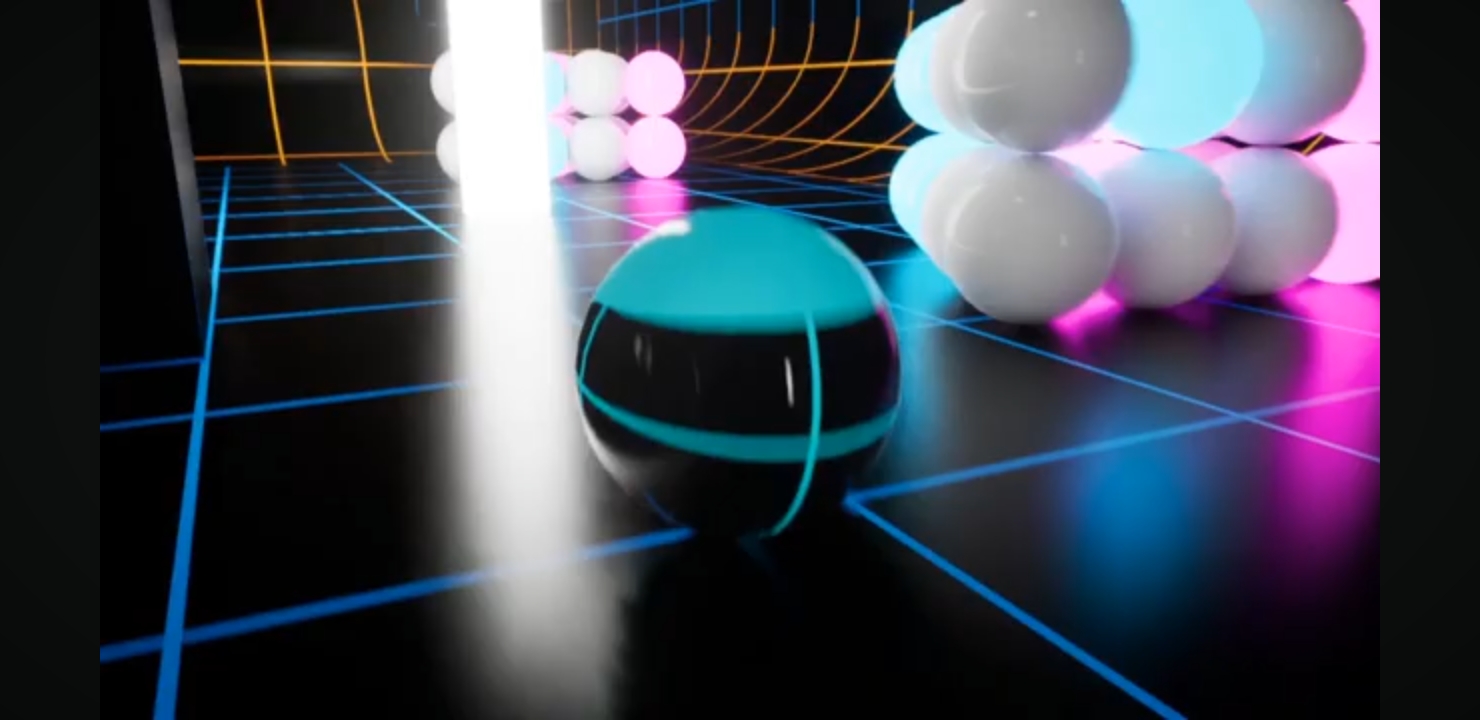 Sphère de jeu au centre d'un couloir néon, entourée d'obstacles sphériques lumineux
